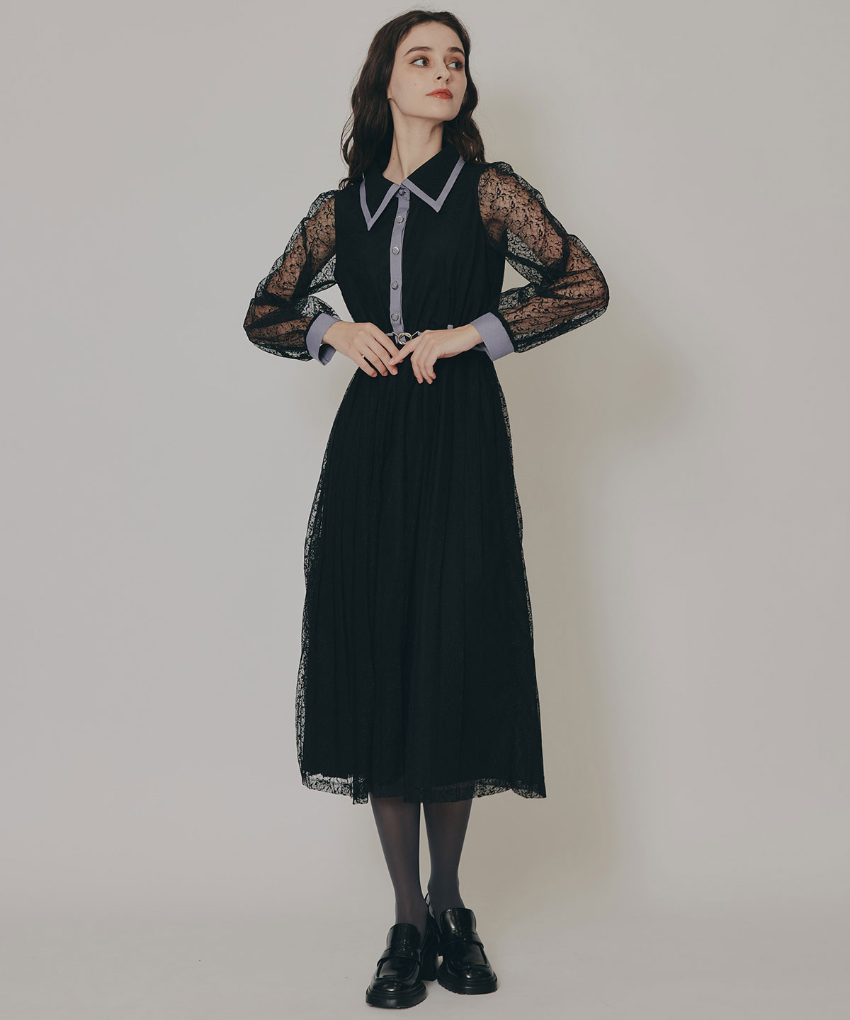 バイカラーレースプリーツロングスリーブワンピース