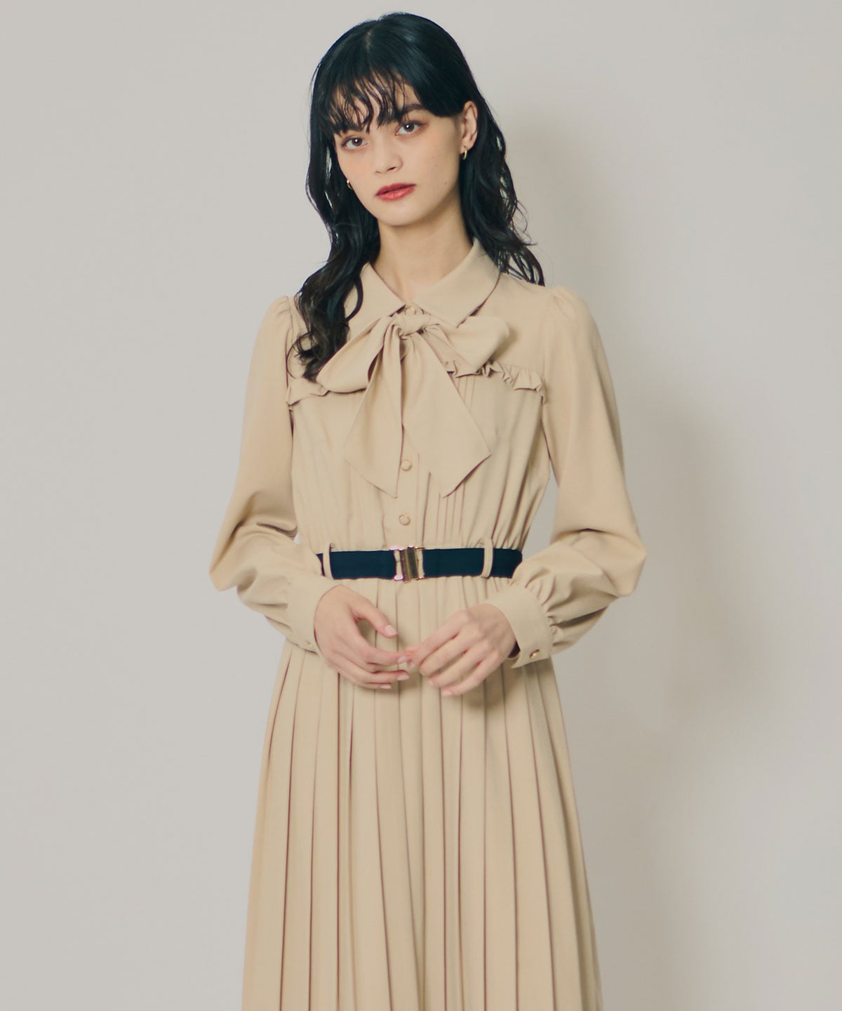 プリーツボウタイシャツロングワンピース