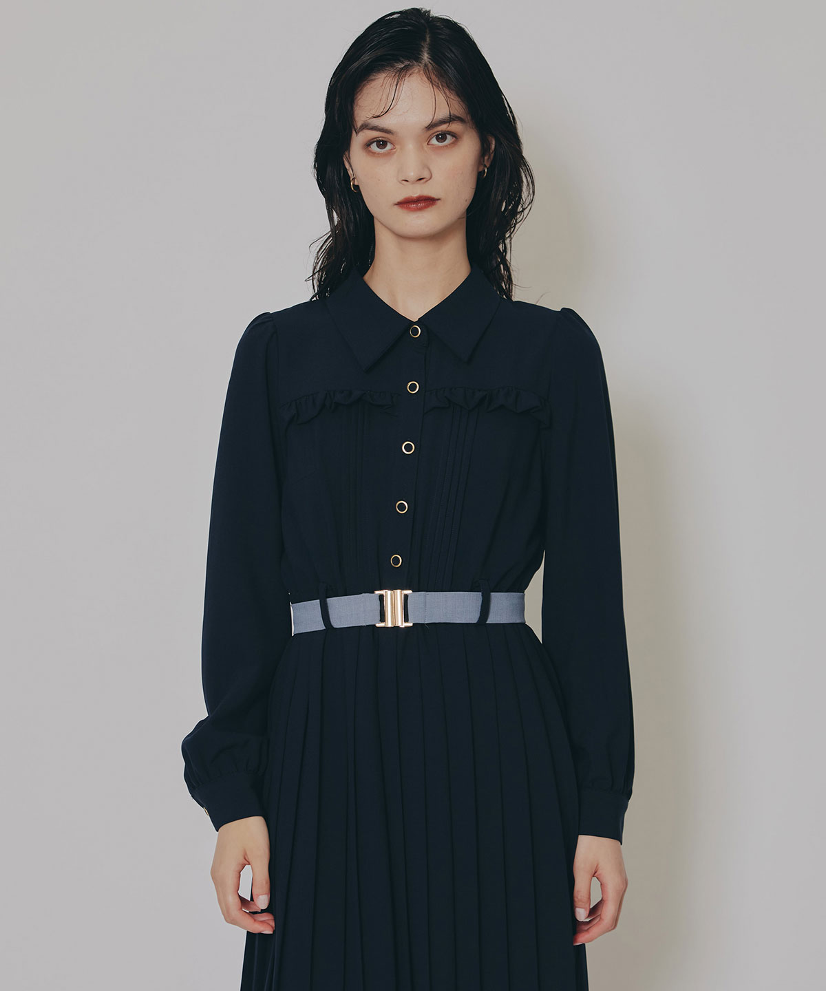 プリーツボウタイシャツロングワンピース