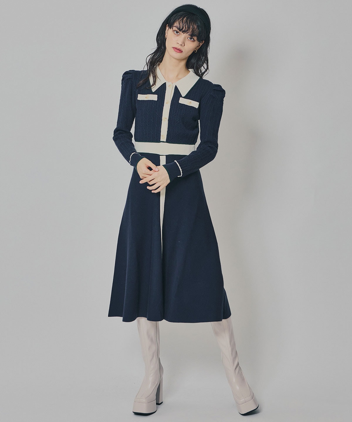 マルチケーブルバイカラーニットワンピース