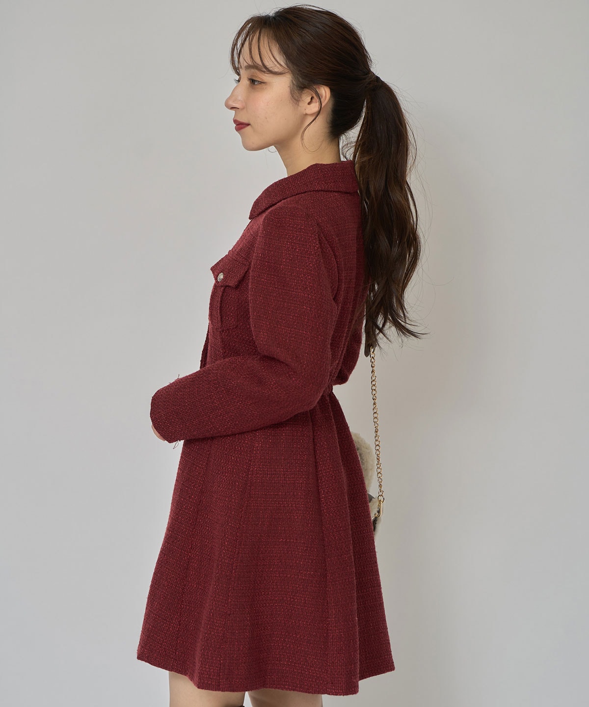 エンブレムボタンツイードシャツミニワンピース