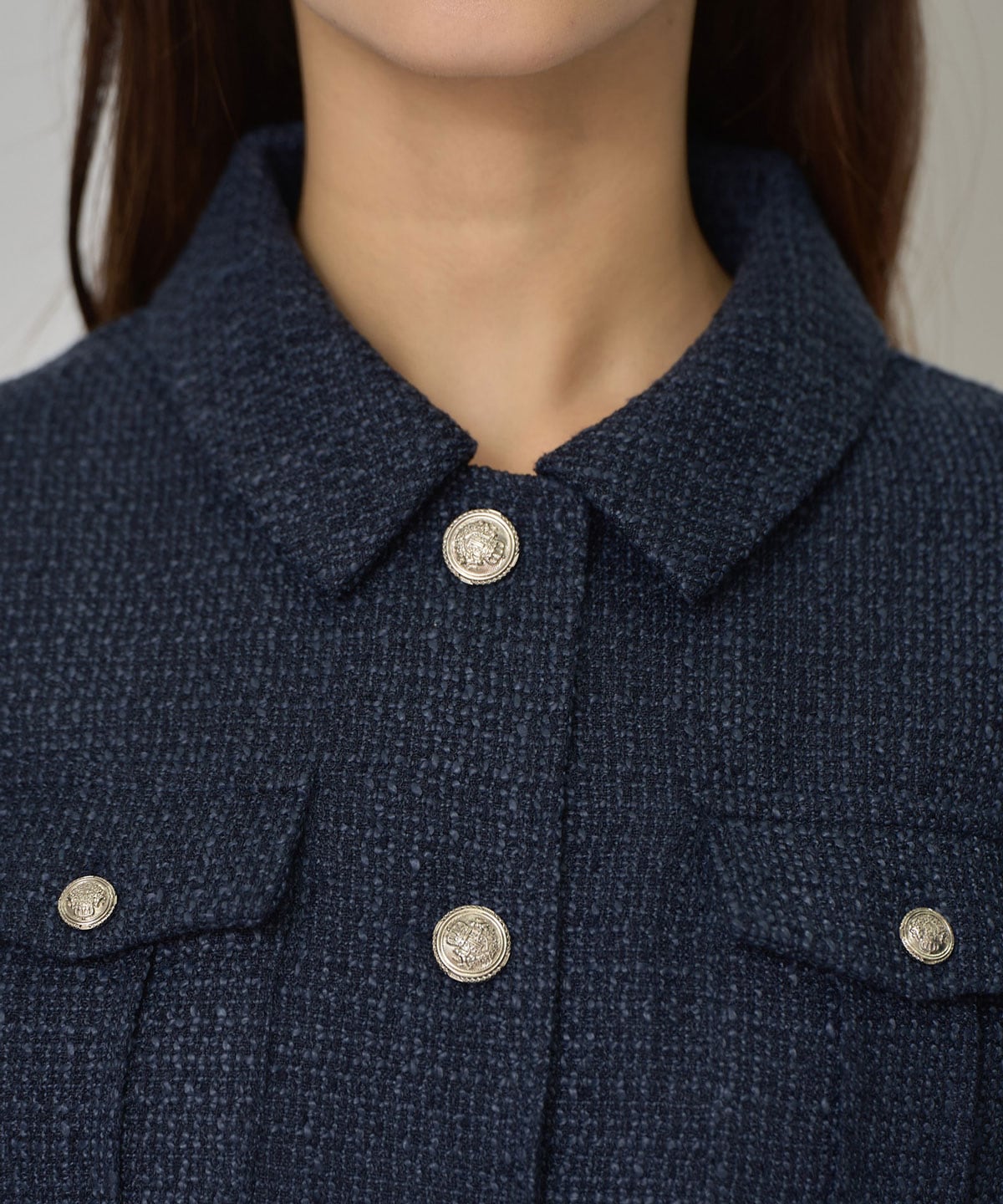 エンブレムボタンツイードシャツミニワンピース