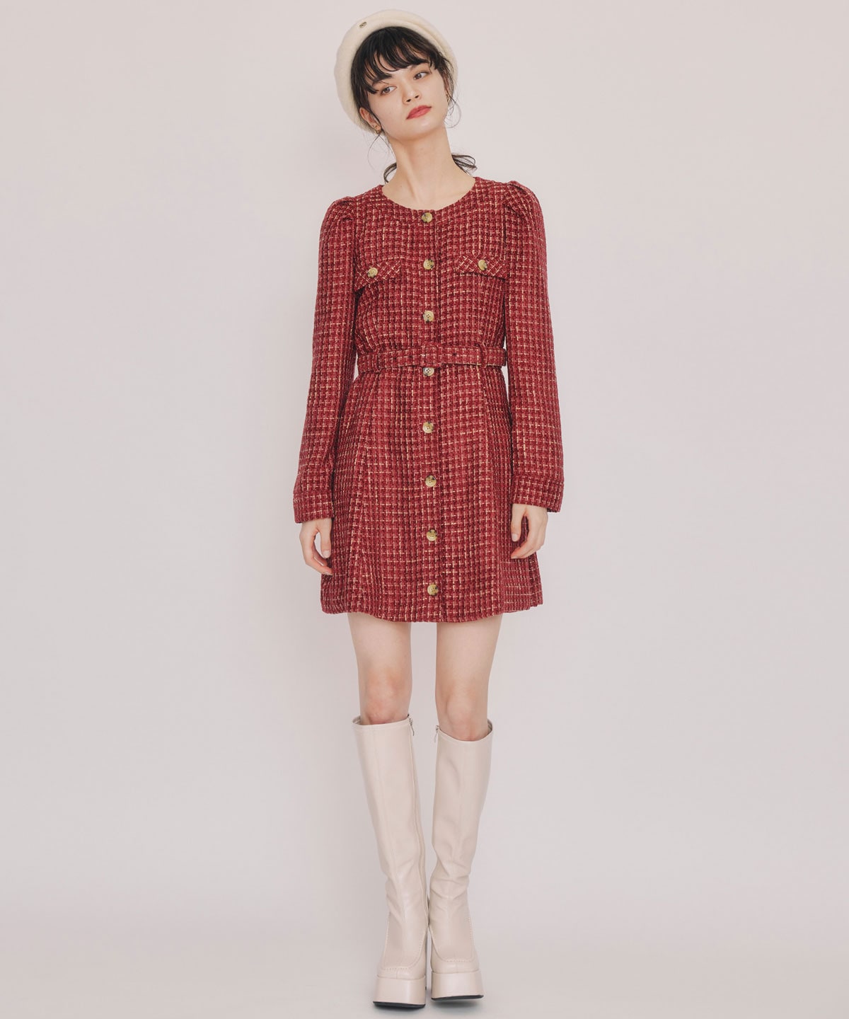 MIXツイードパフスリーブミニワンピース