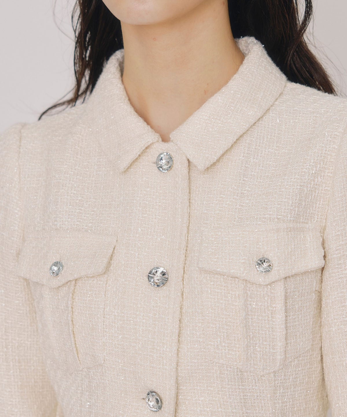 ビジューボタンファンシーツイードシャツミニワンピース