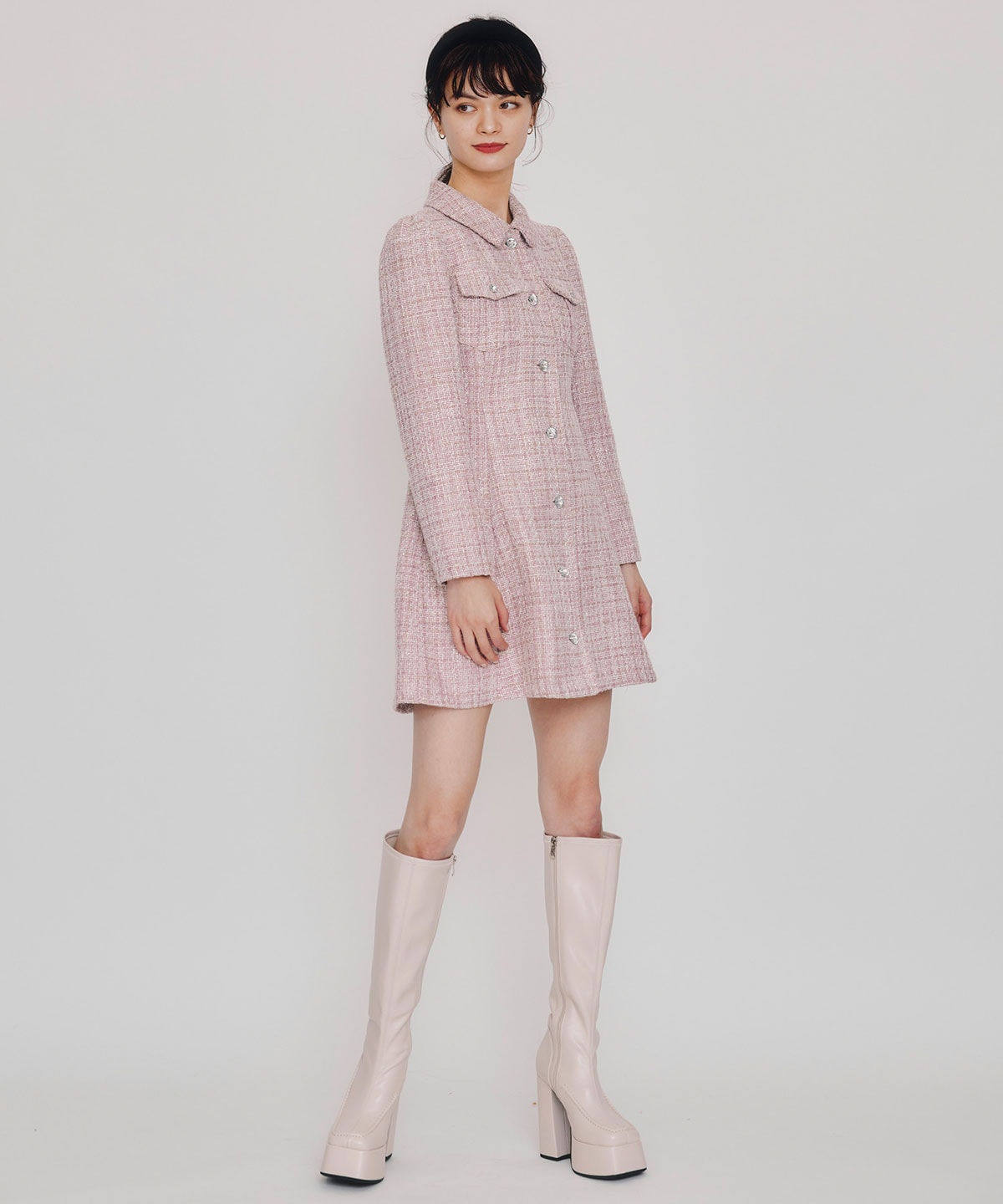 ビジューボタンファンシーツイードシャツミニワンピース