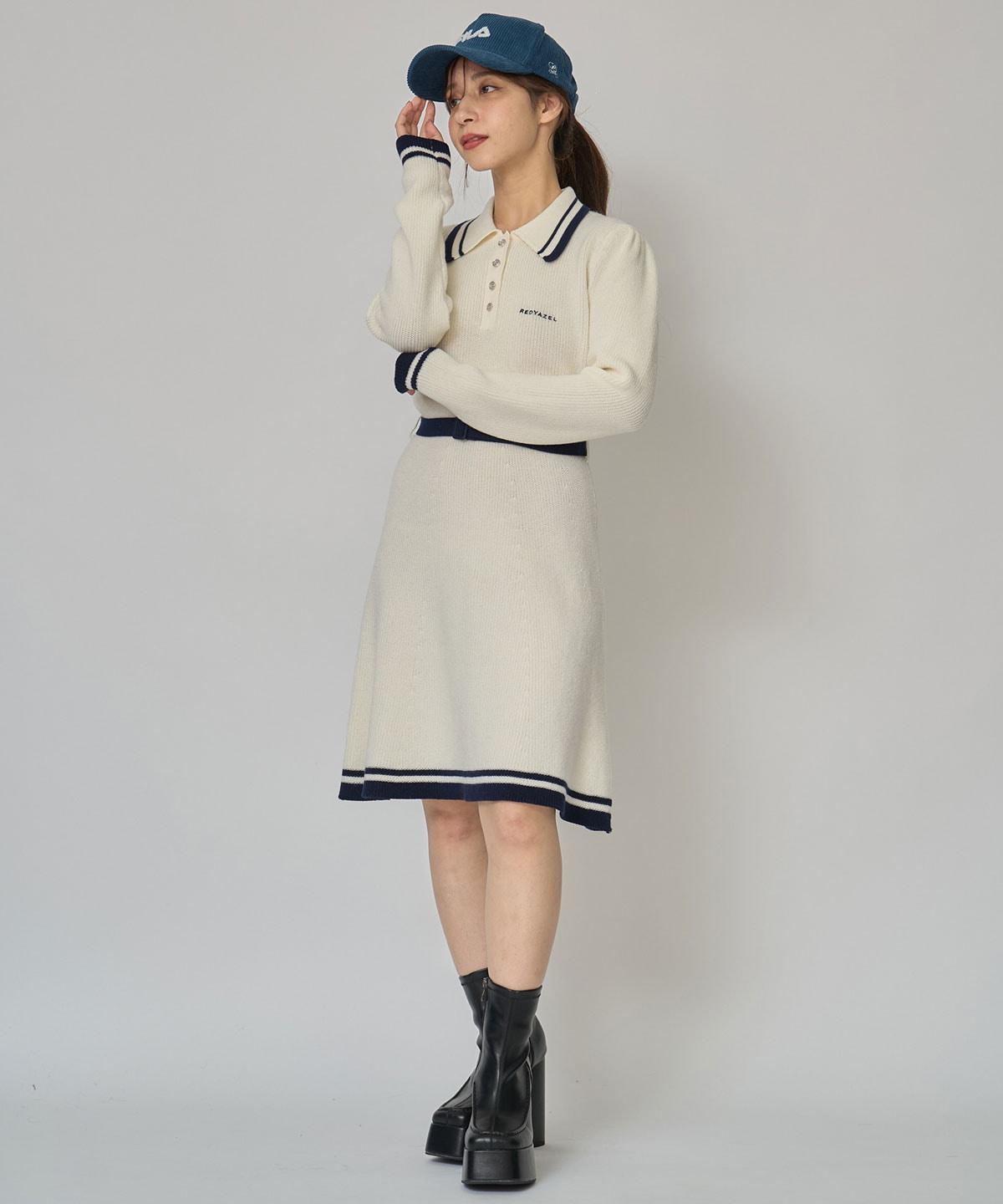 バイカラーポロニットロングスリーブミニワンピース