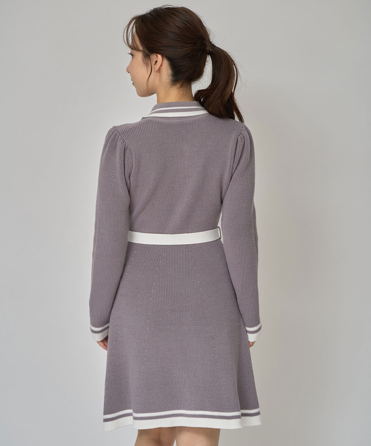 バイカラーポロニットロングスリーブミニワンピース