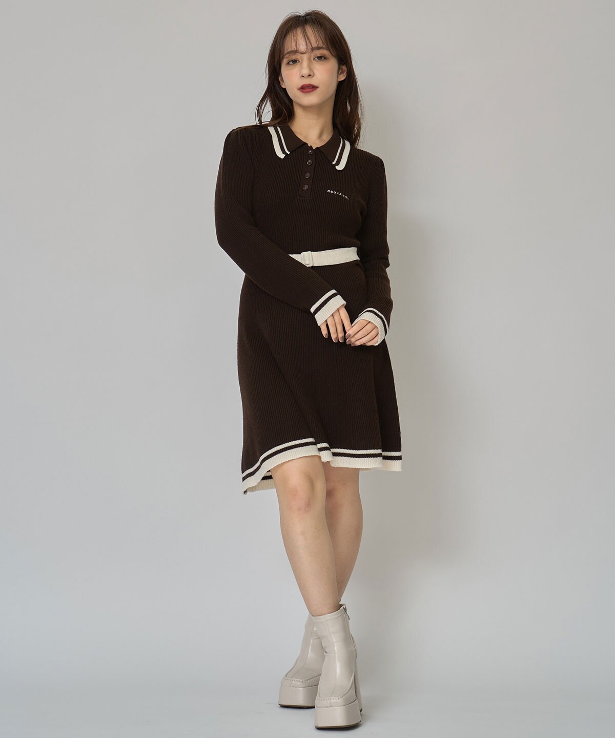 バイカラーポロニットロングスリーブミニワンピース