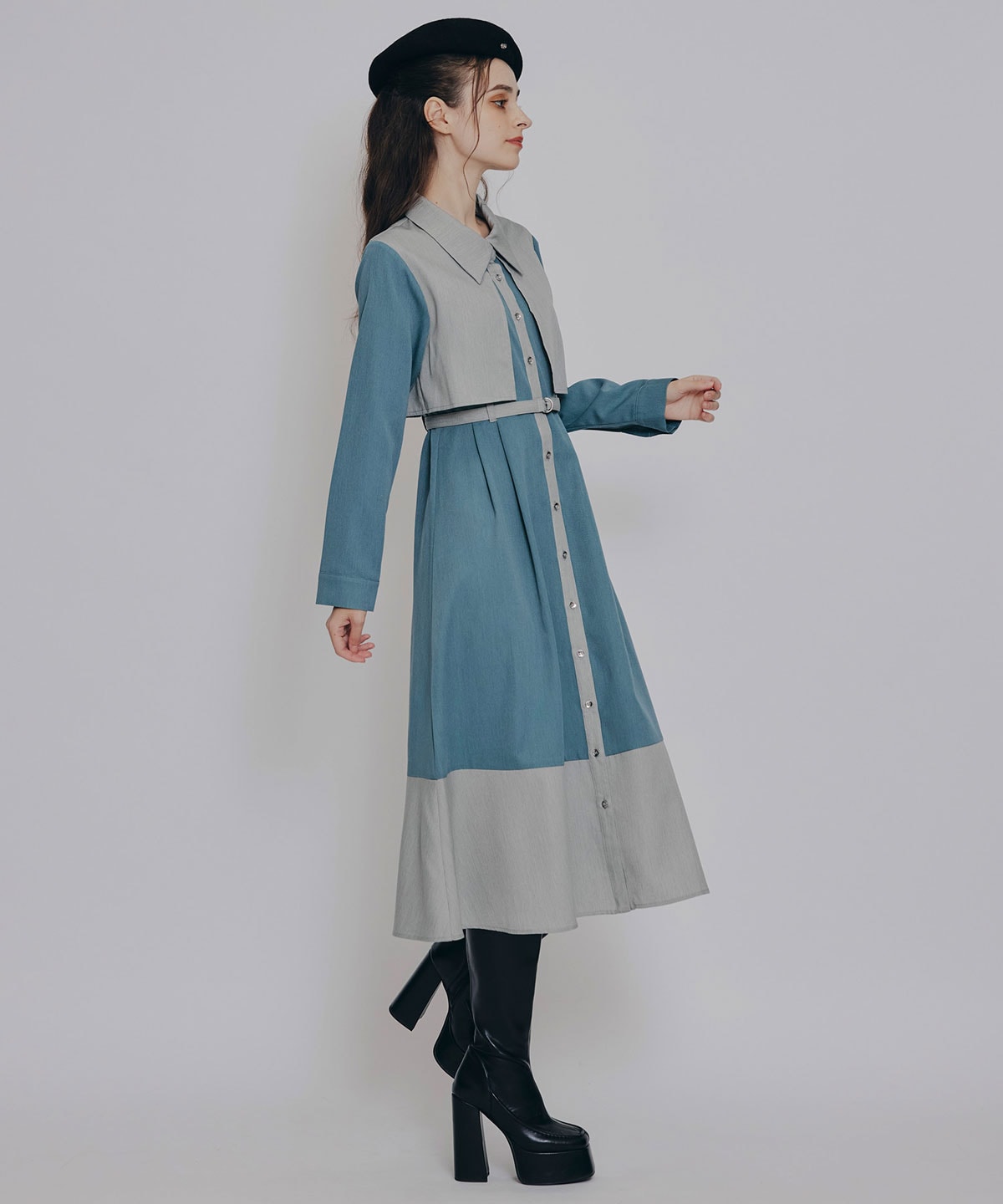 カラーブロッキングシャツロングフレアワンピース