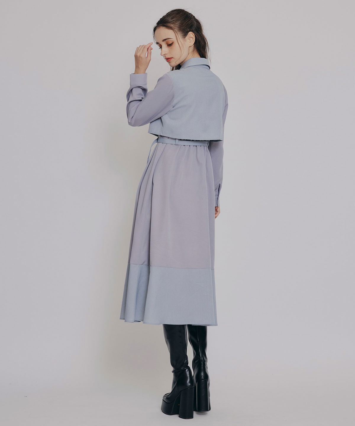 カラーブロッキングシャツロングフレアワンピース