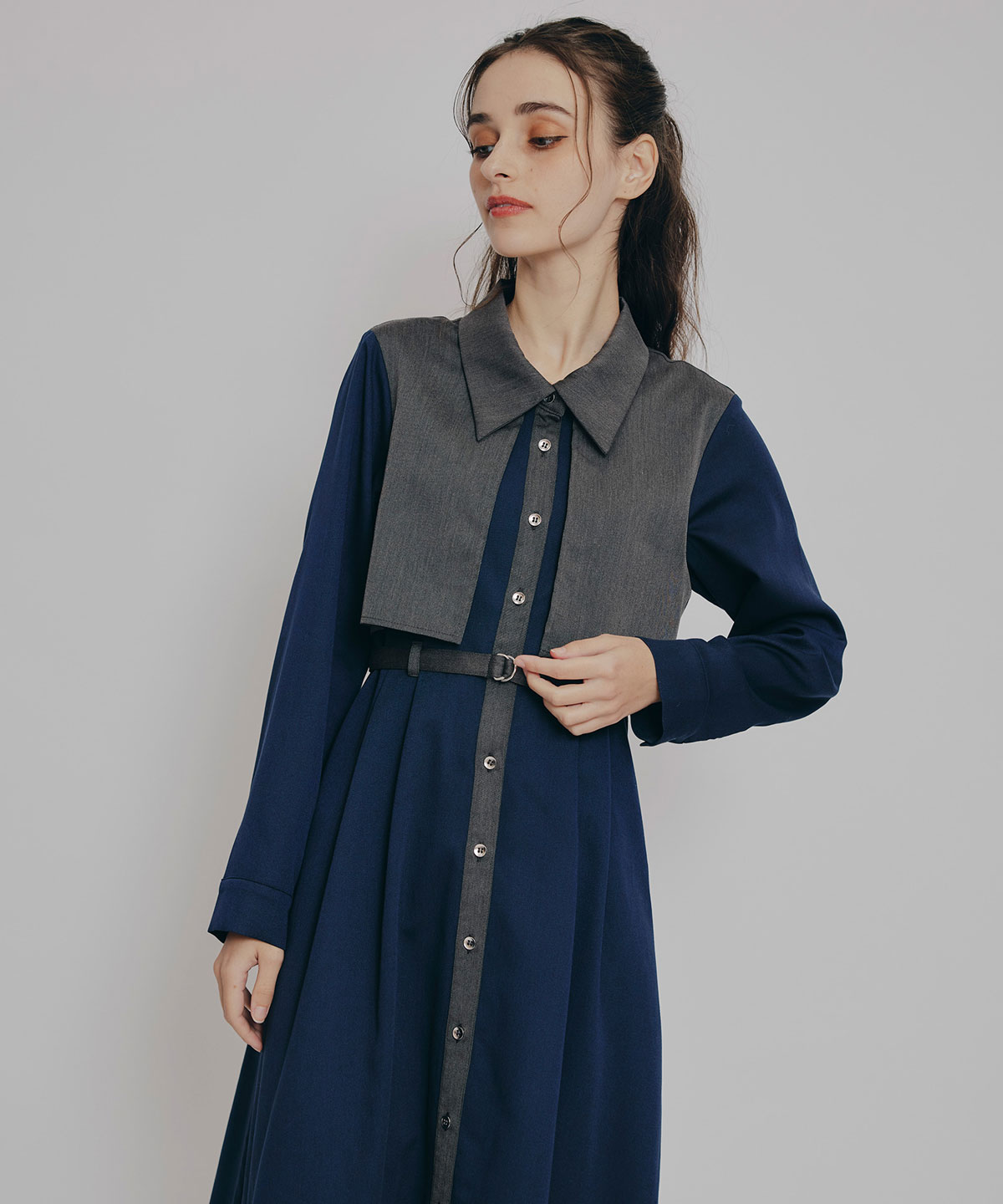 カラーブロッキングシャツロングフレアワンピース