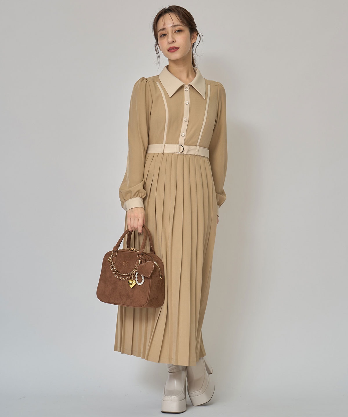 クラシカルバイカラーラインリボンタイプリーツロングワンピース