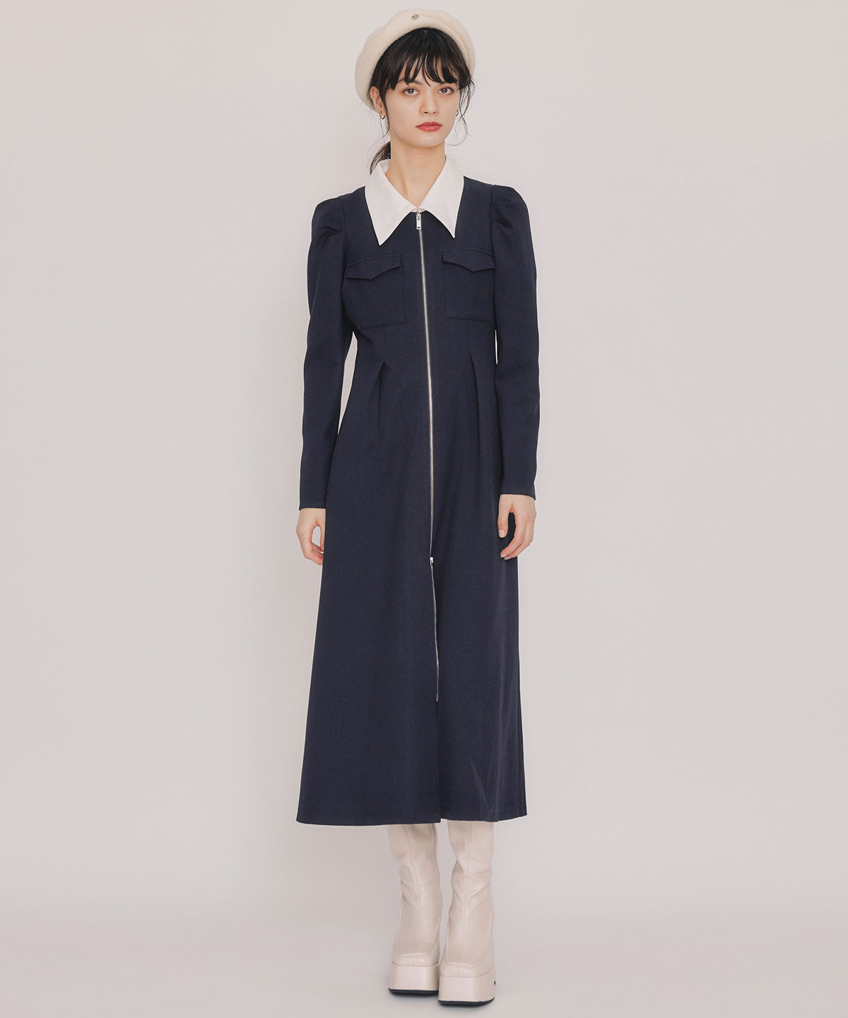 フロントZIPバイカラーロングワンピース