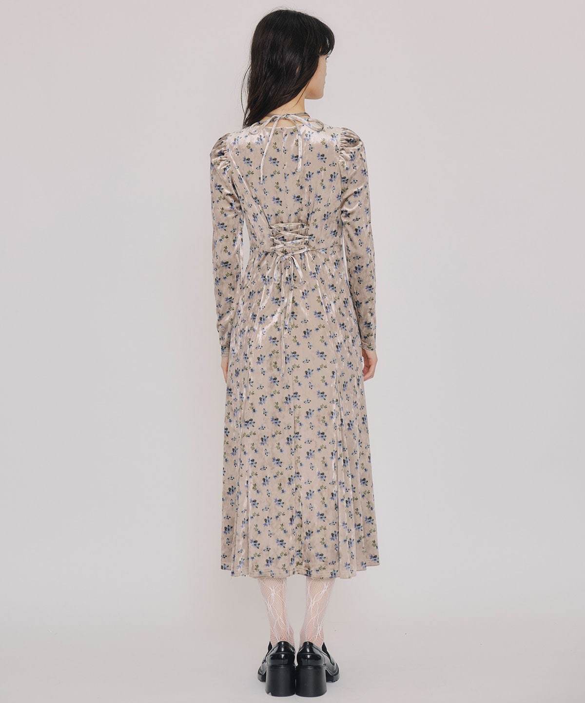 クロスリボンフラワーベロアロングワンピース