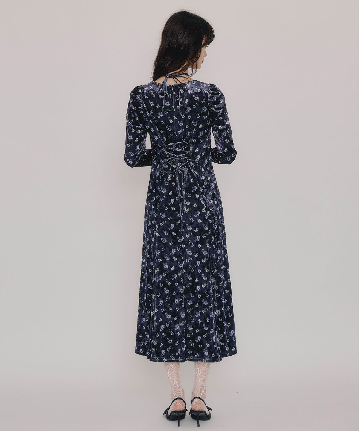 クロスリボンフラワーベロアロングワンピース