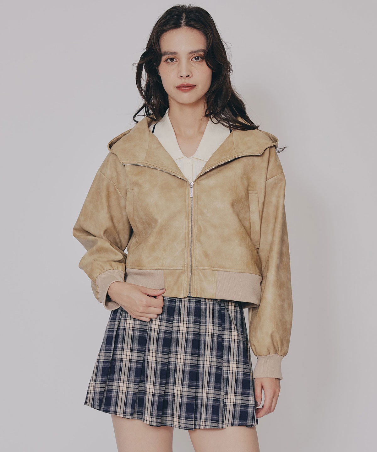 ヴィンテージライクレザーフーディブルゾン