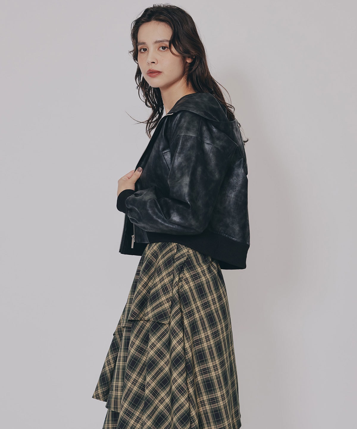 ヴィンテージライクレザーフーディブルゾン