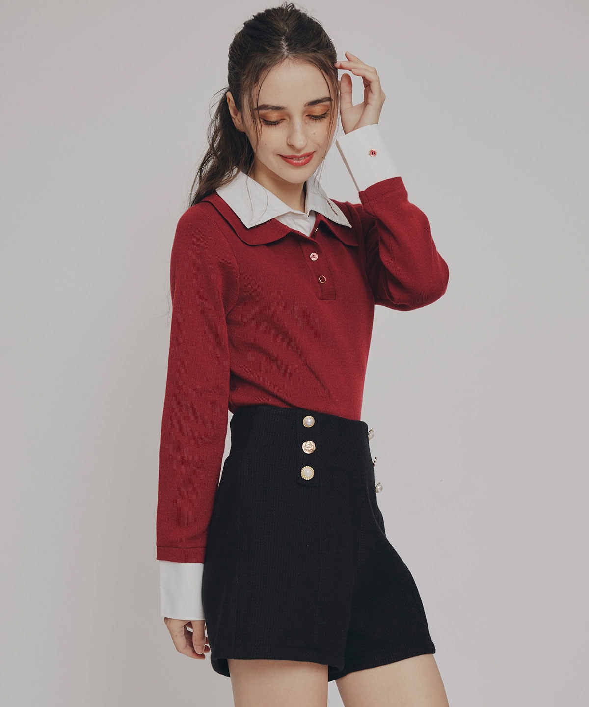 ダブルカラーポロニットトップス