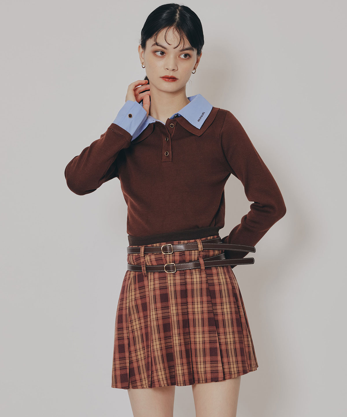 ダブルカラーポロニットトップス