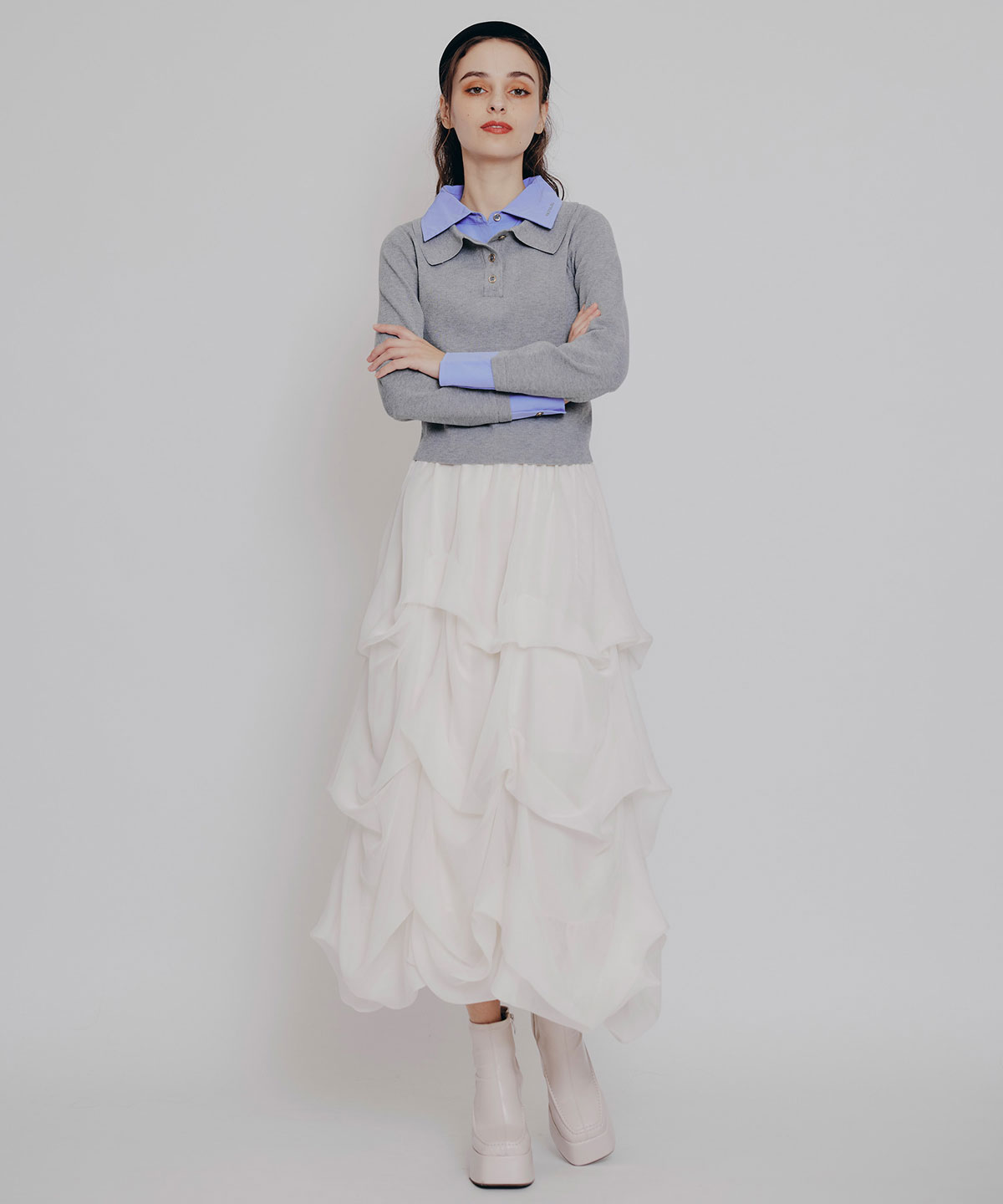 ダブルカラーポロニットトップス