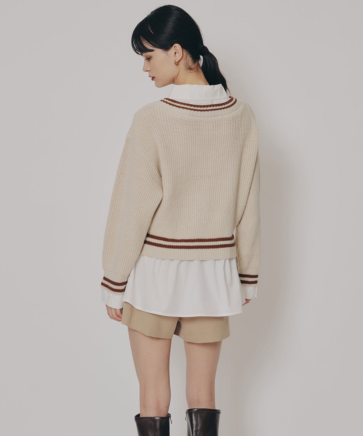 レイヤードシャツドッキングニットプルオーバー