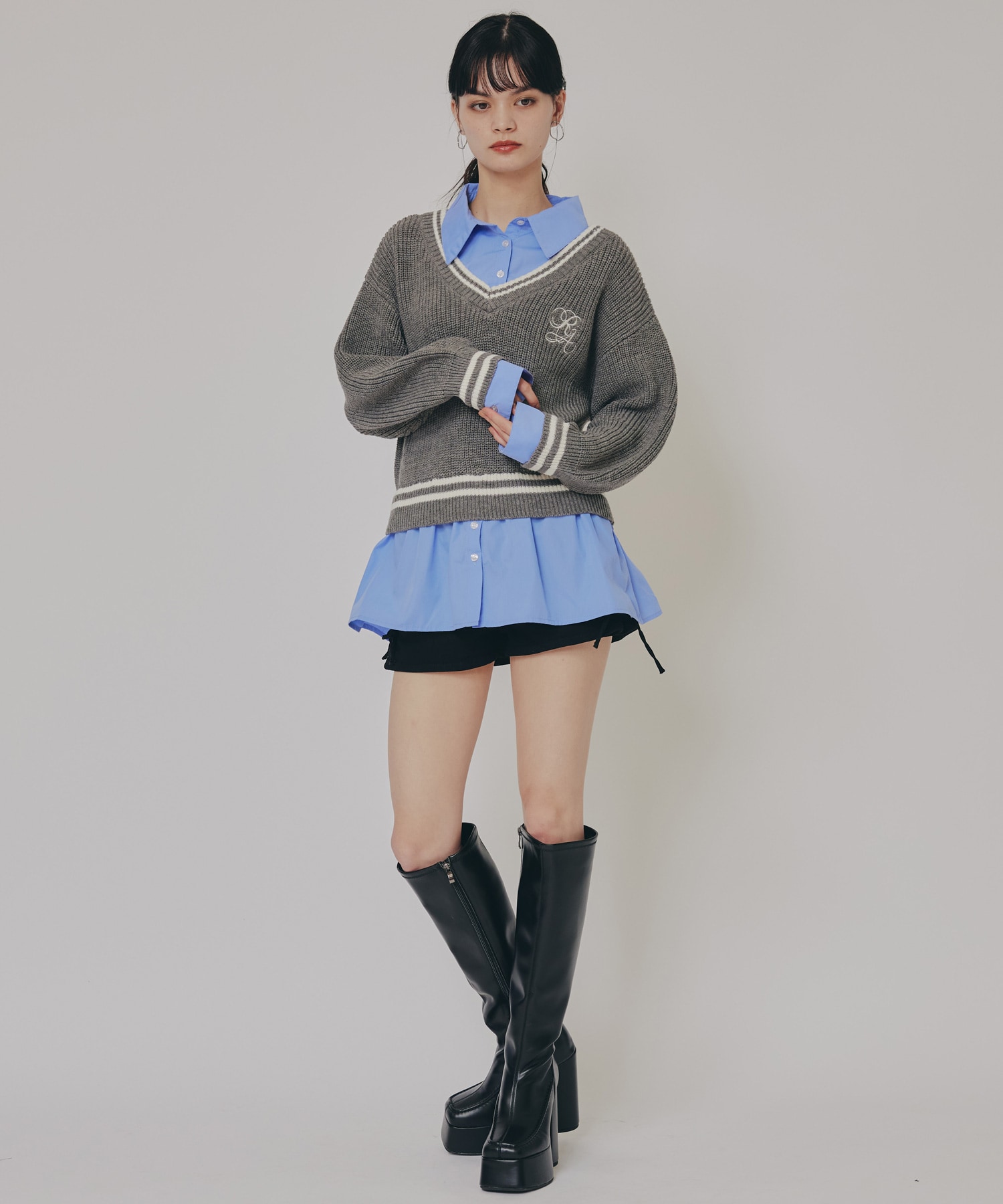 レイヤードシャツドッキングニットプルオーバー