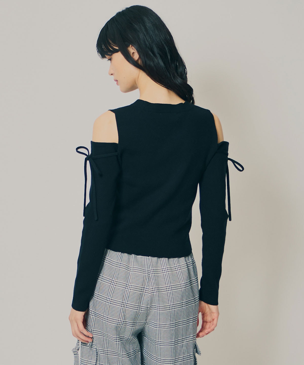 リボンオフショルダーニットトップス