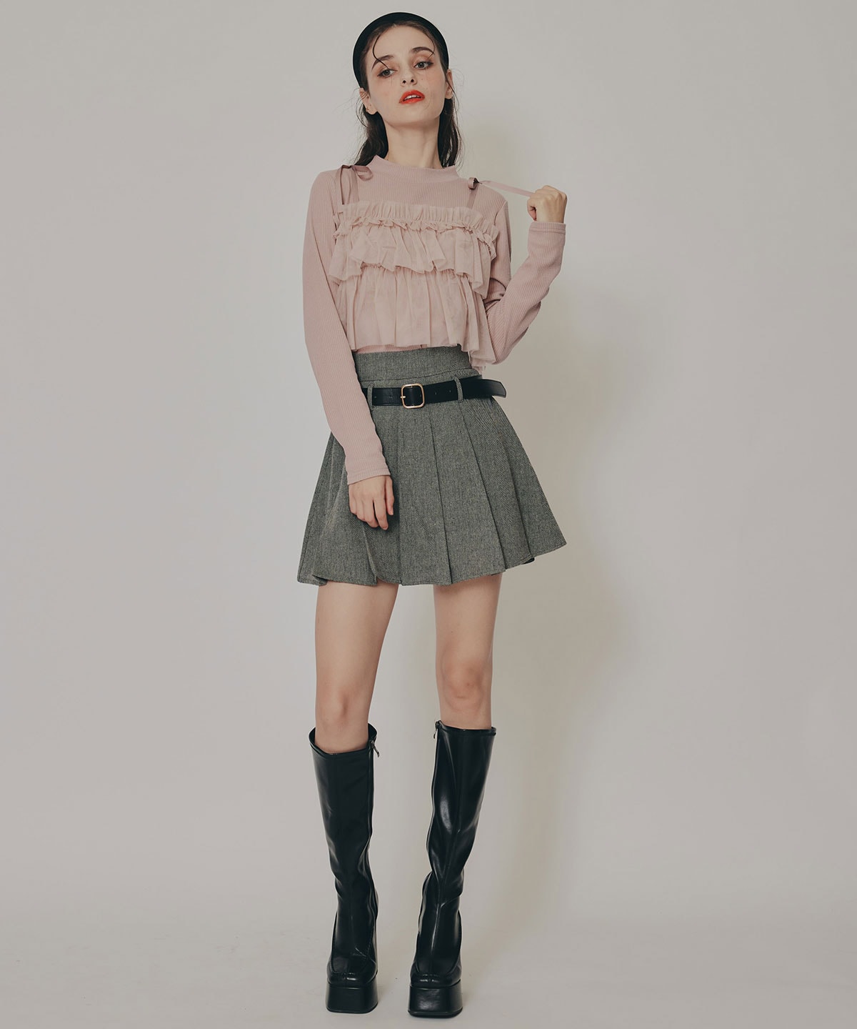 リボンチュールフリルビスチェニットトップス