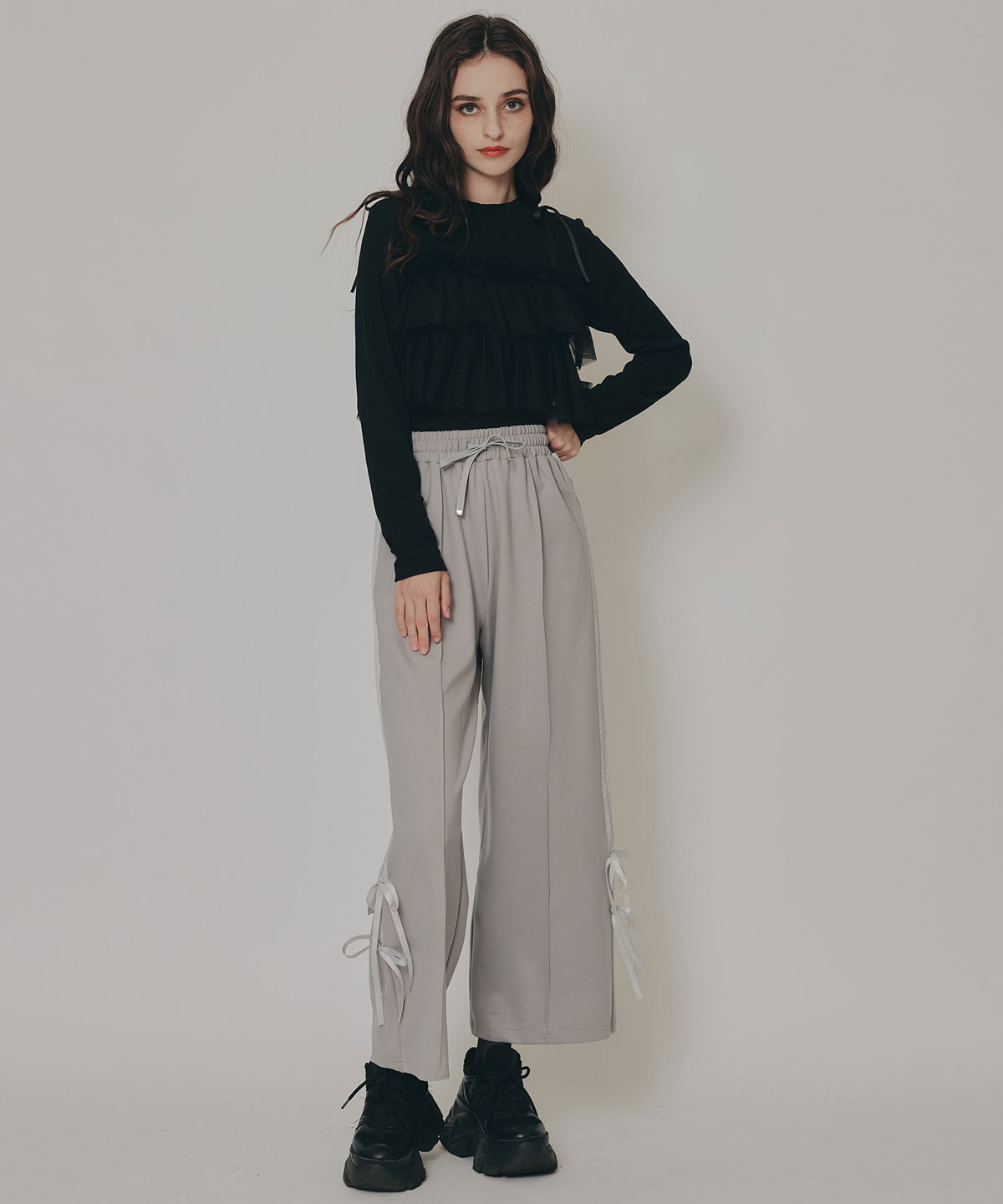 リボンチュールフリルビスチェニットトップス