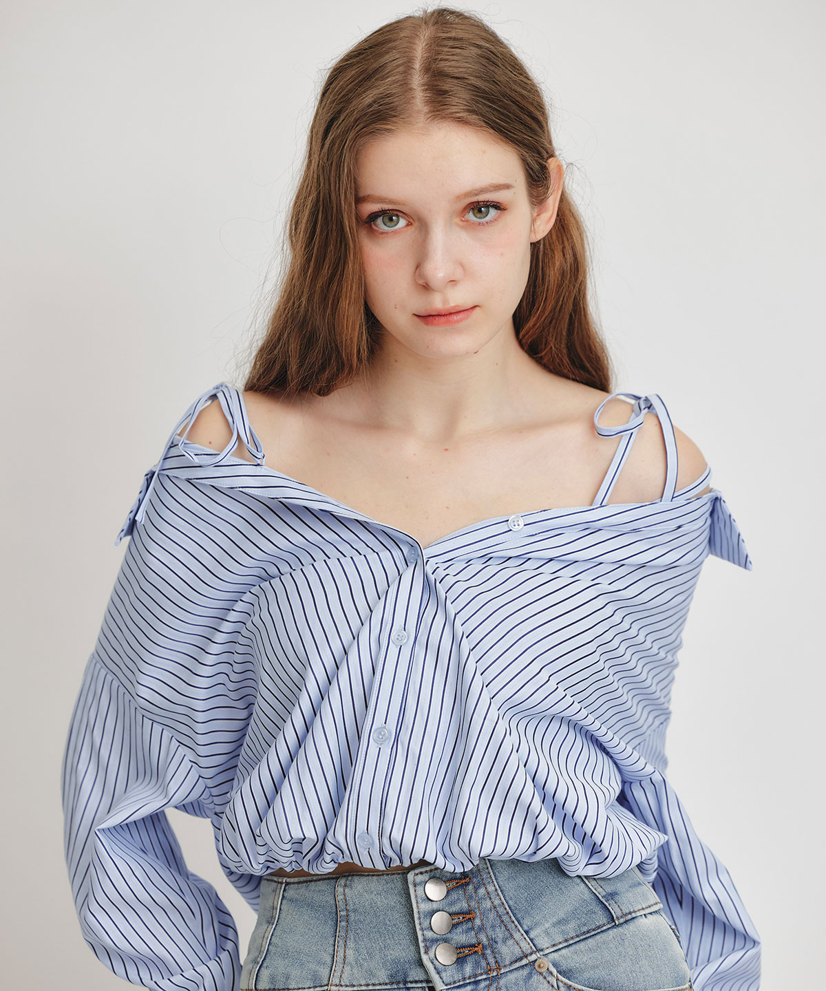 ベアレイヤードストライプバルーンオフショルブラウス