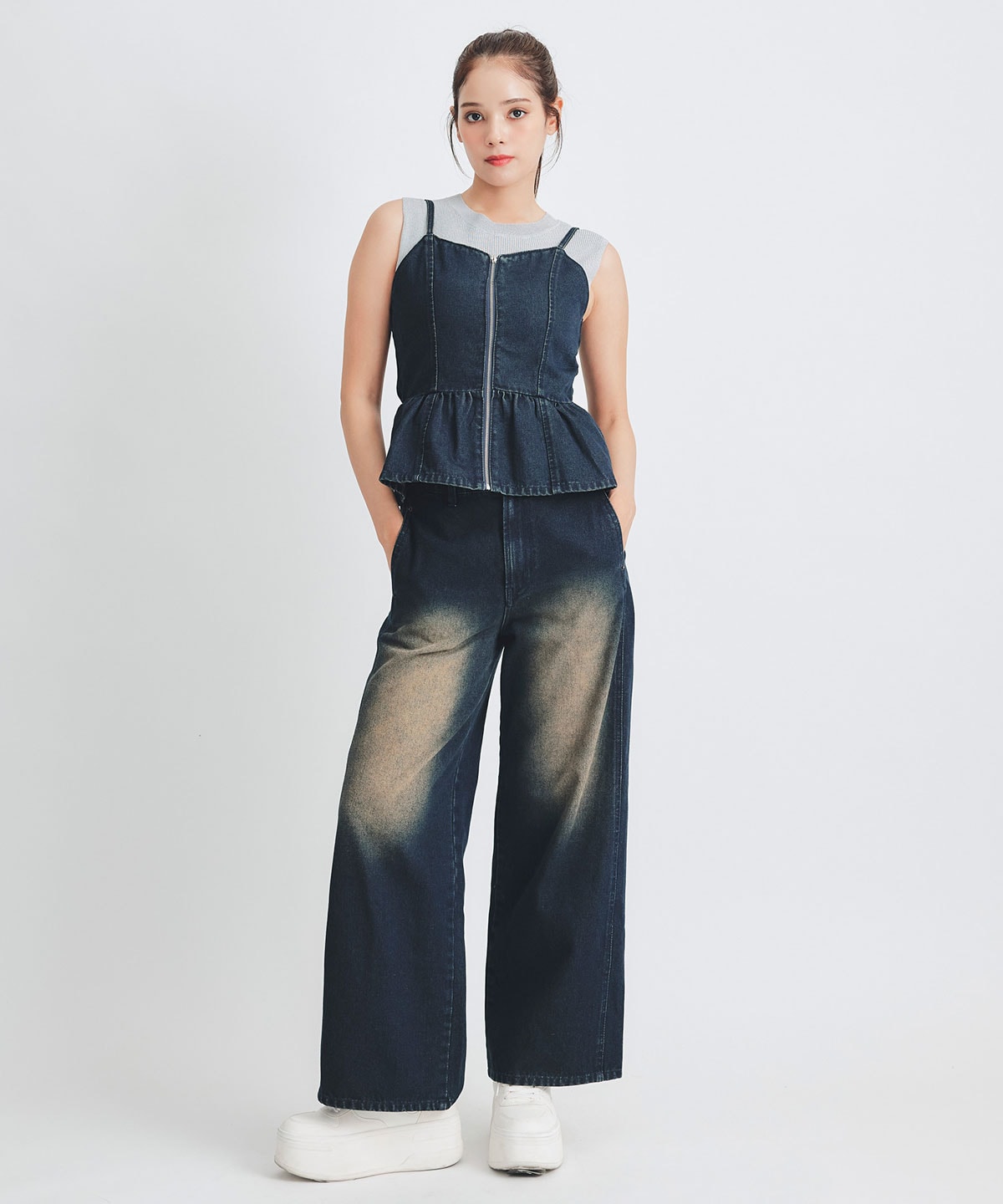 【Vintage Denim Series】ヴィンテージウォッシュバックレースアップデニムビスチェ