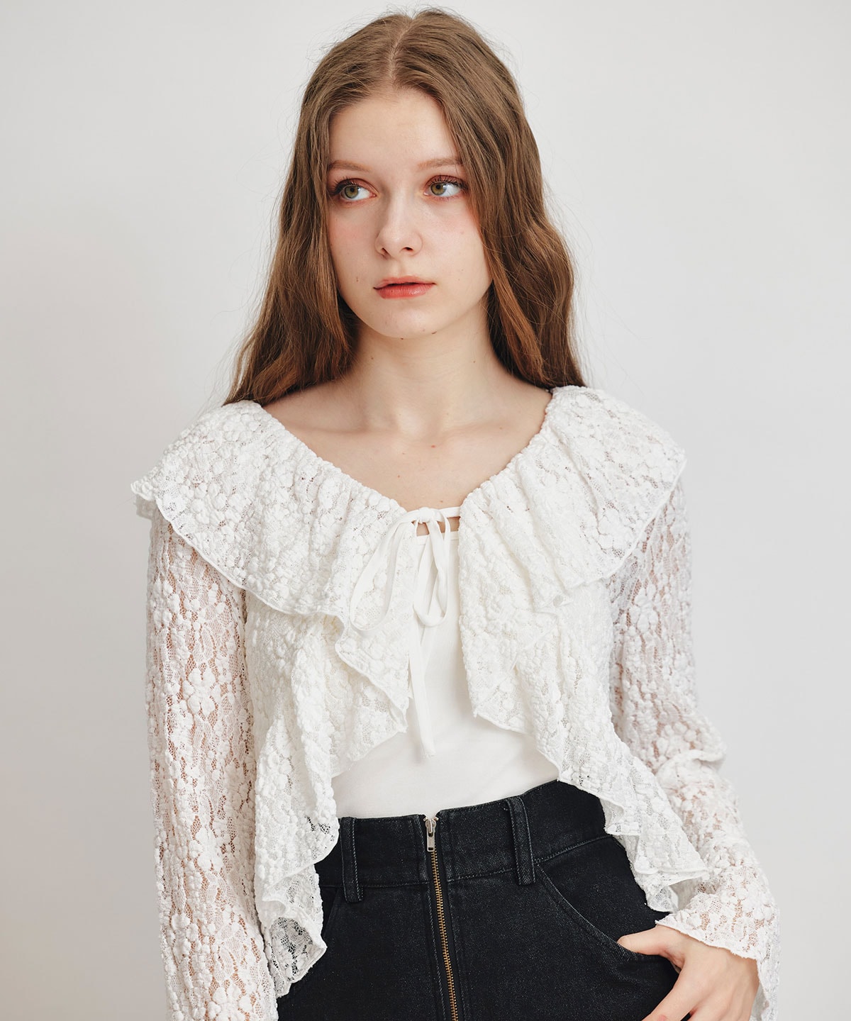 レースフリルカラーショートカーディガン