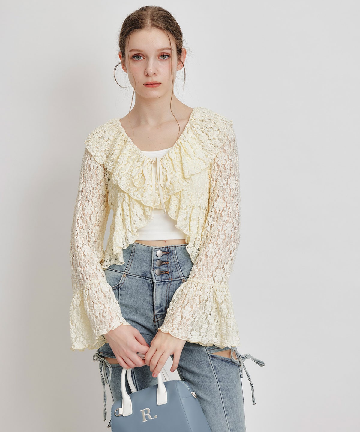 レースフリルカラーショートカーディガン