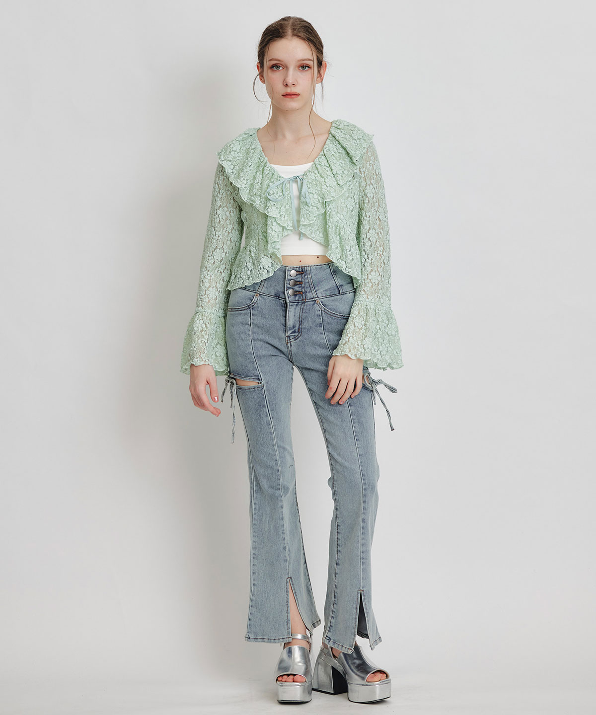 レースフリルカラーショートカーディガン