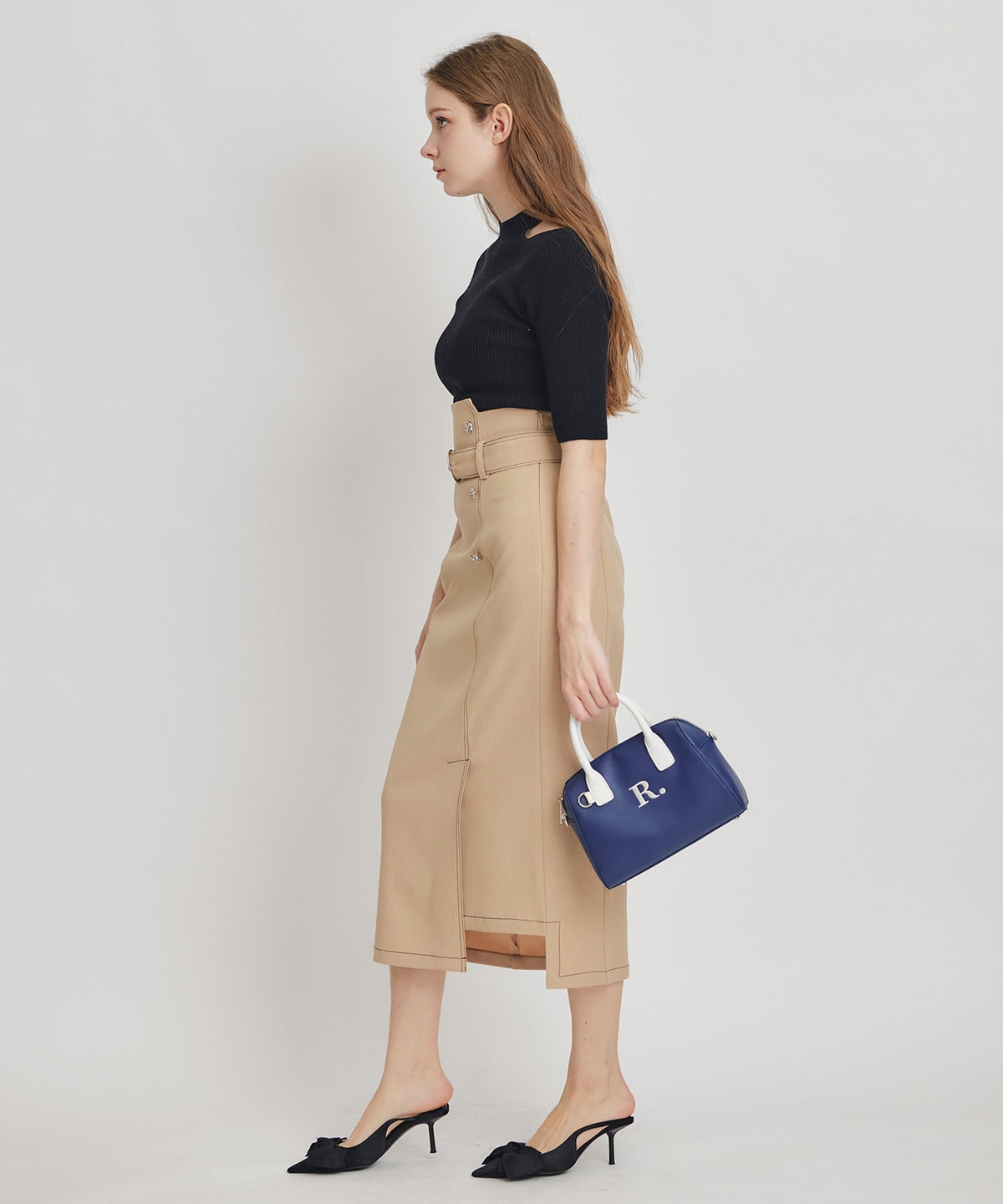 バイカラーステッチカッティングハイウエストタイトロングスカート