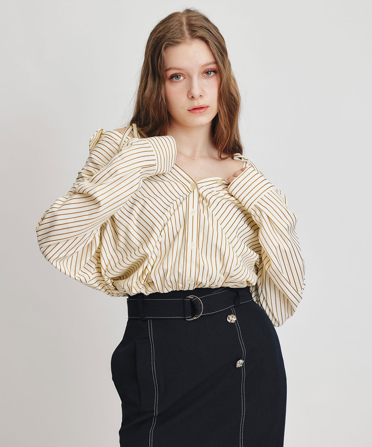 バイカラーステッチカッティングハイウエストタイトロングスカート