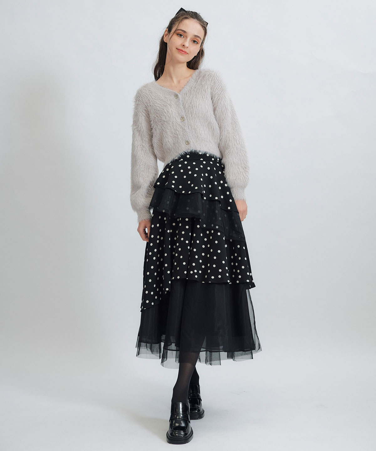 ドットチュールティアードロングスカート