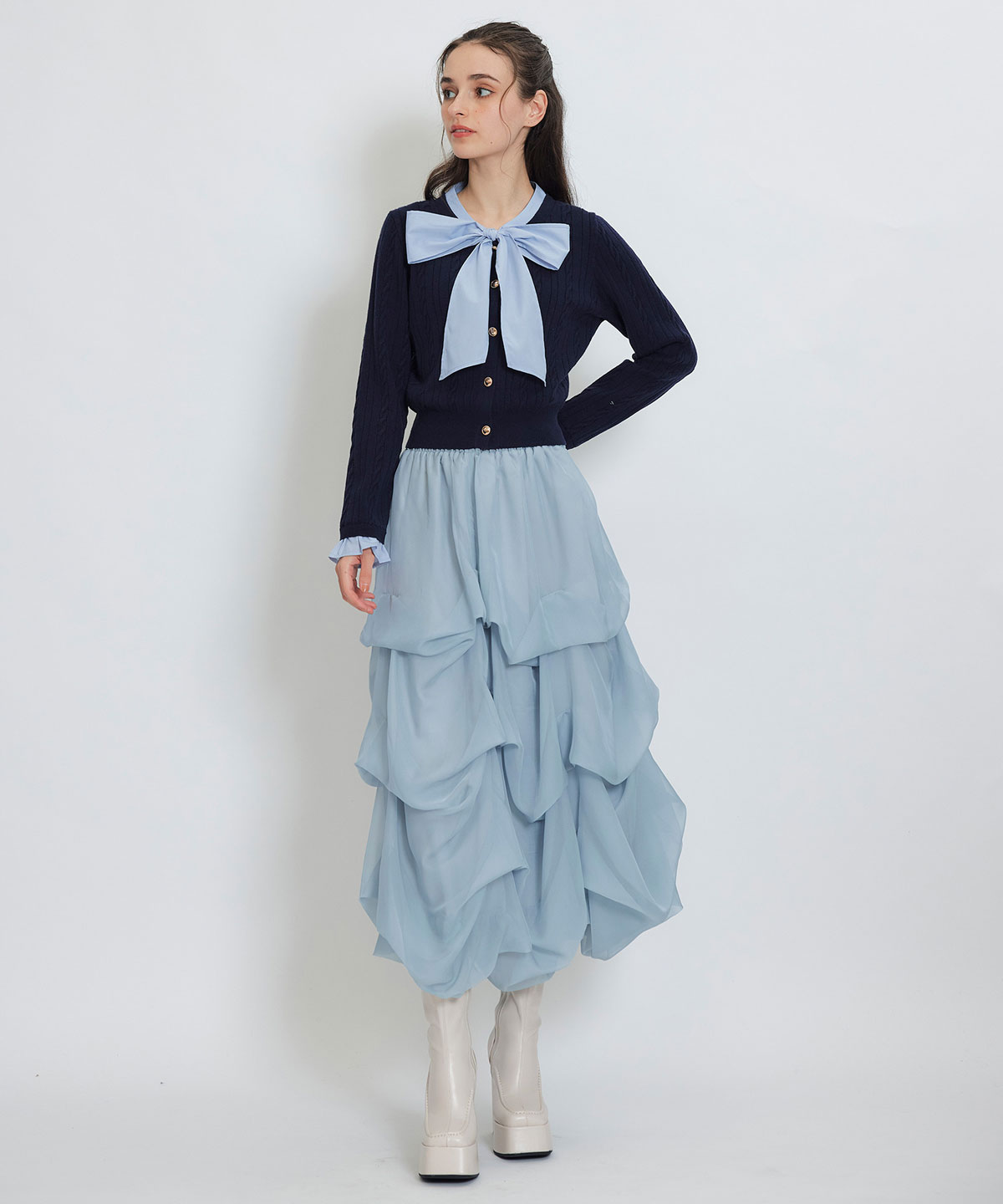 タックバルーンボリュームシフォンロングスカート