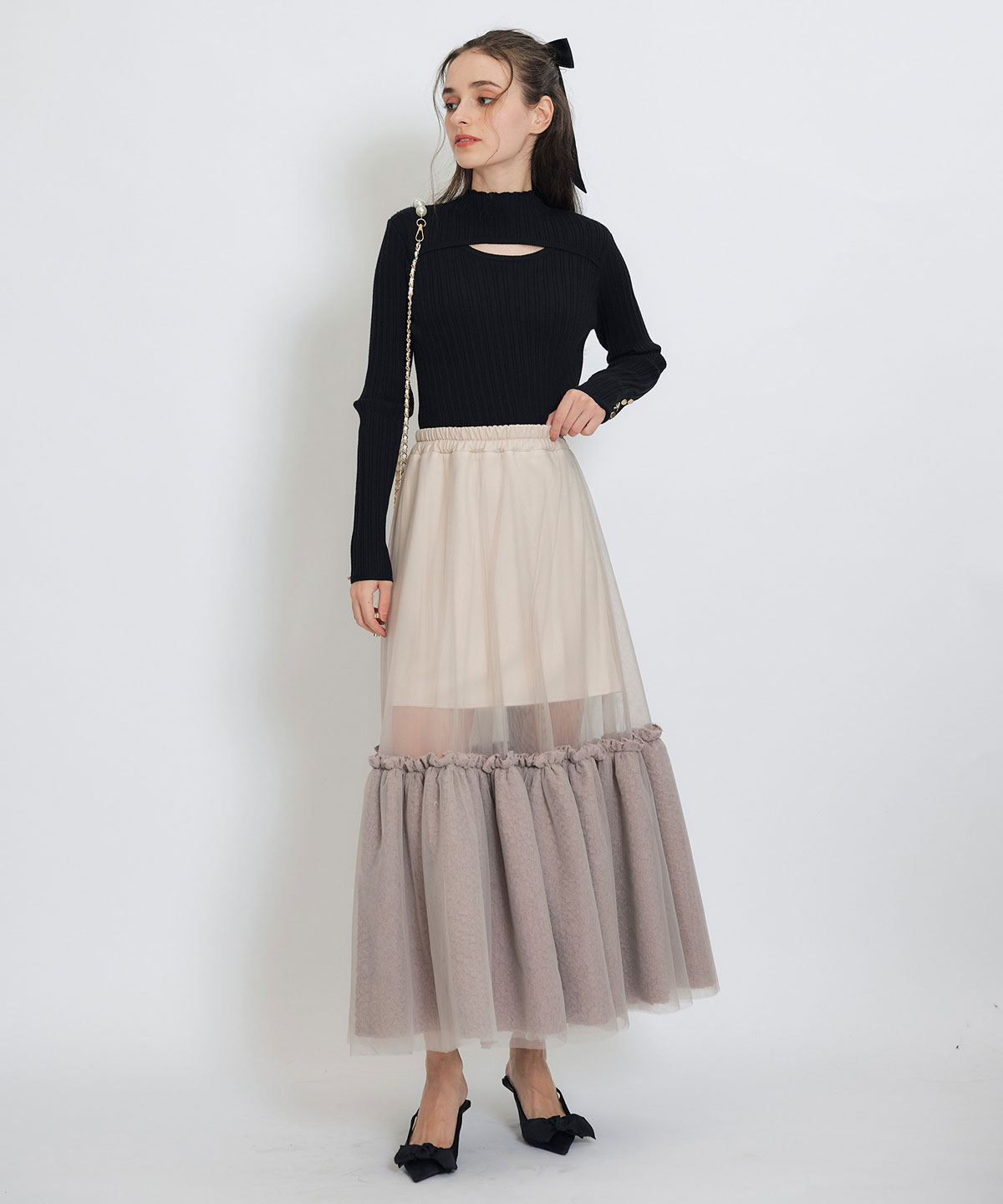 ボリュームシアーチュールフレアロングスカート