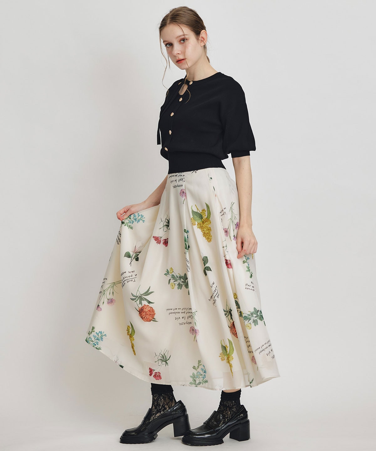 【Sheer Flower Series】シアーフラワータックフレアロングスカート