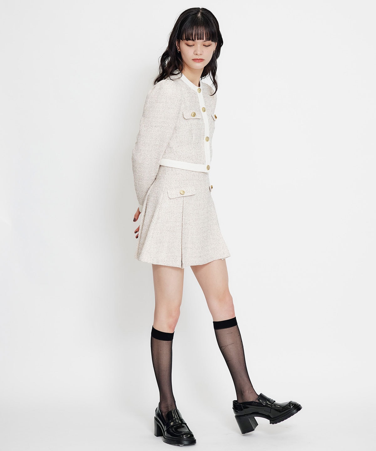 【セットアップ可能】スプリングツイードフリルミニスカート