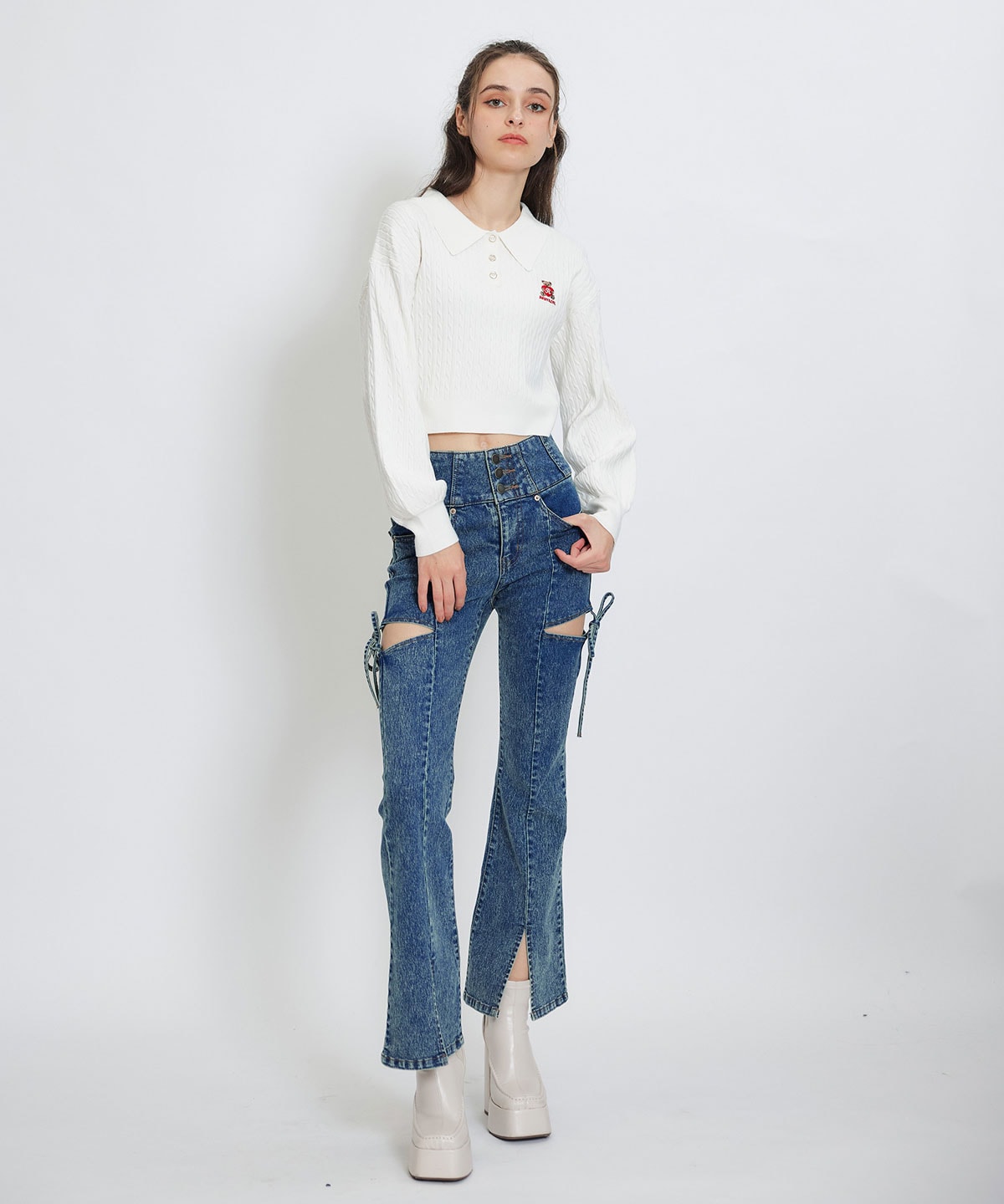 カットアウトリボンストレッチデニム