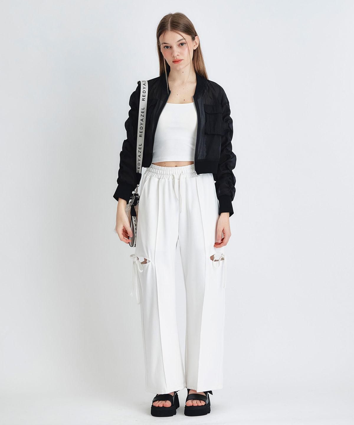 サイドカッティングリボンワイドパンツ