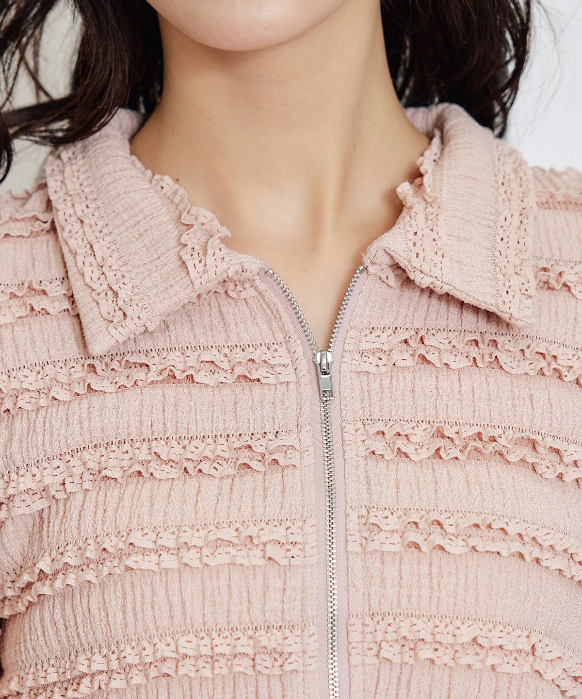 ミニフリルZIPブラウス×ミニフリルフレアロングスカートセットアップ