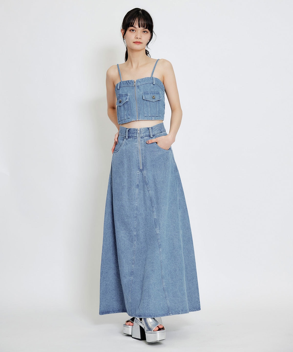 【Chemical Wash Series】ケミカルウォッシュデニムショートビスチェ×ZIPフレアロングスカート