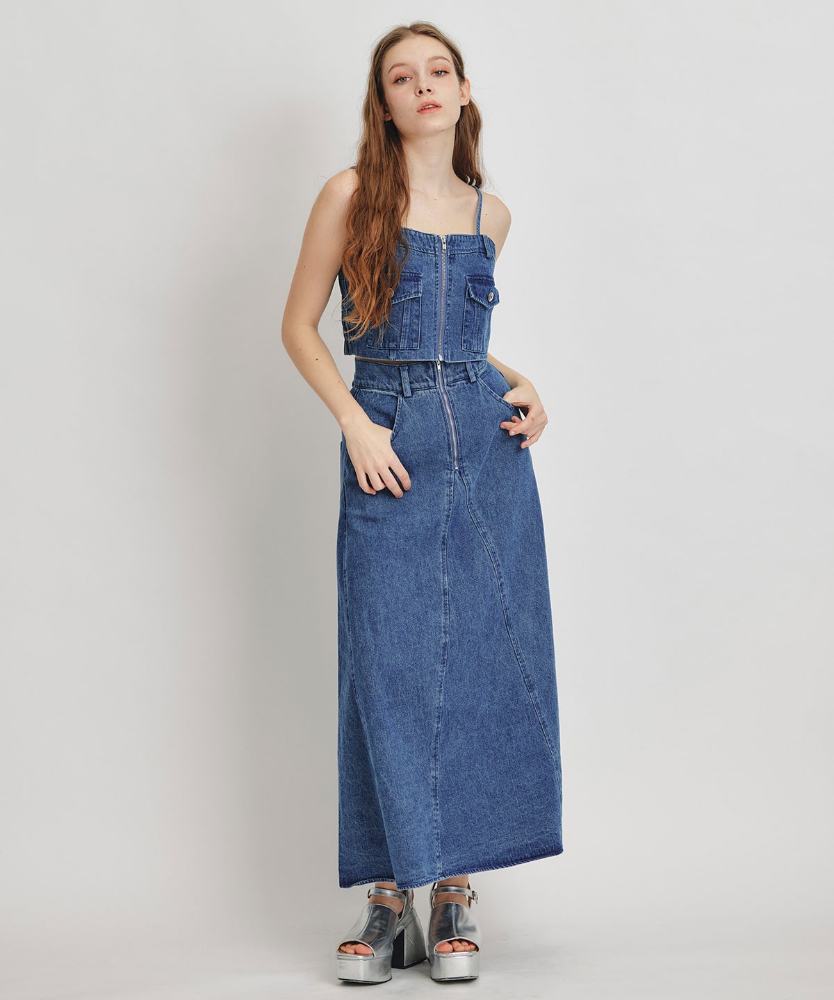 【Chemical Wash Series】ケミカルウォッシュデニムショートビスチェ×ZIPフレアロングスカート