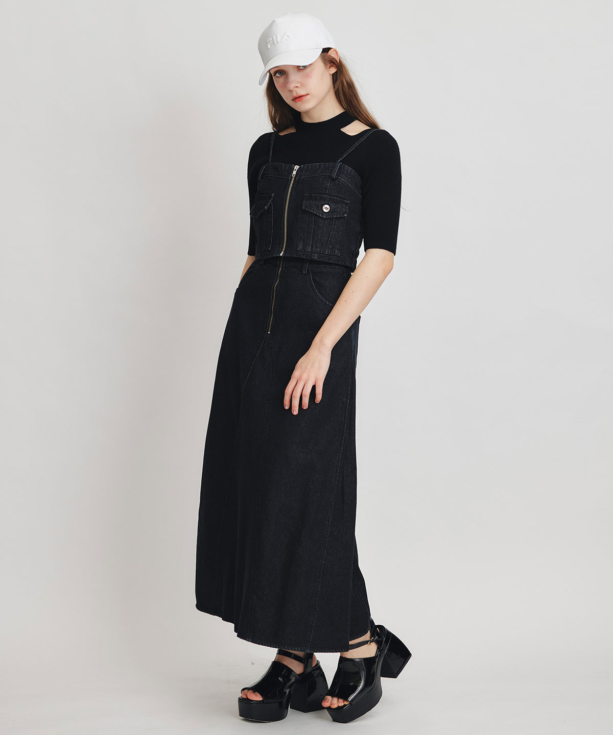 【Chemical Wash Series】ケミカルウォッシュデニムショートビスチェ×ZIPフレアロングスカート