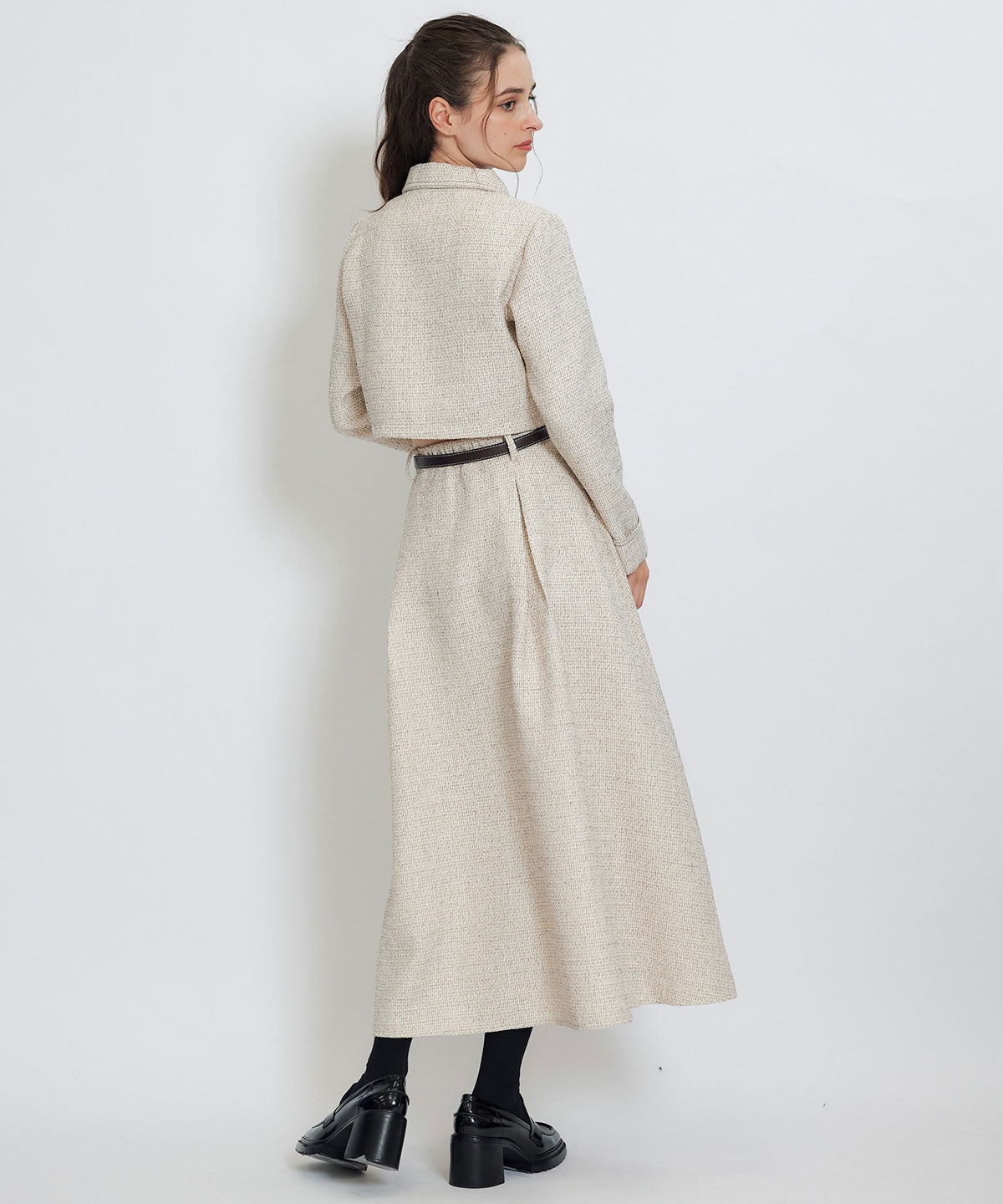 ダブルステッチツイードブラウス×フレアロングスカートセットアップ