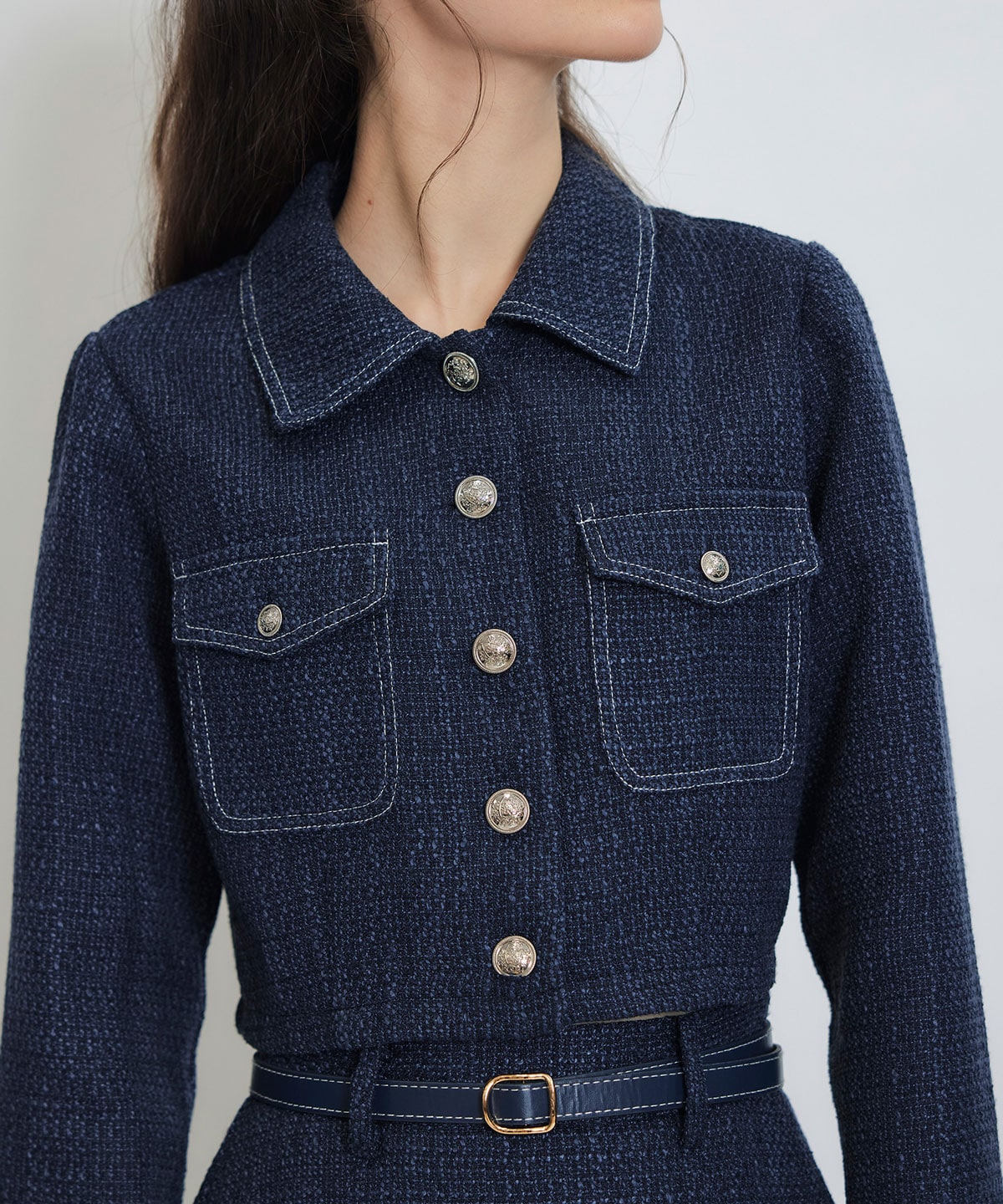 ダブルステッチツイードブラウス×フレアロングスカートセットアップ