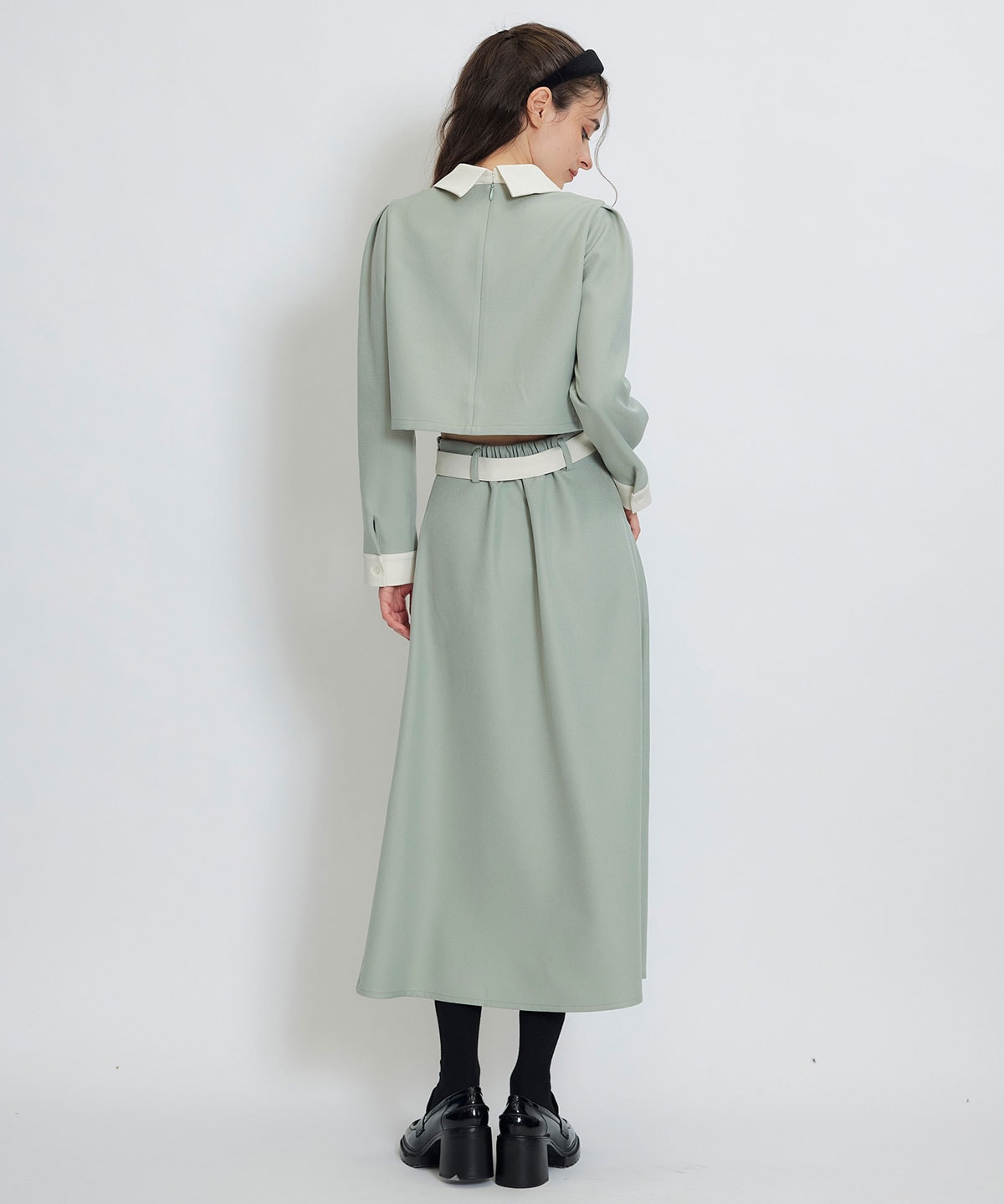 ビジューカラーコンパクトブラウス×バイカラーロングフレアスカートセットアップ